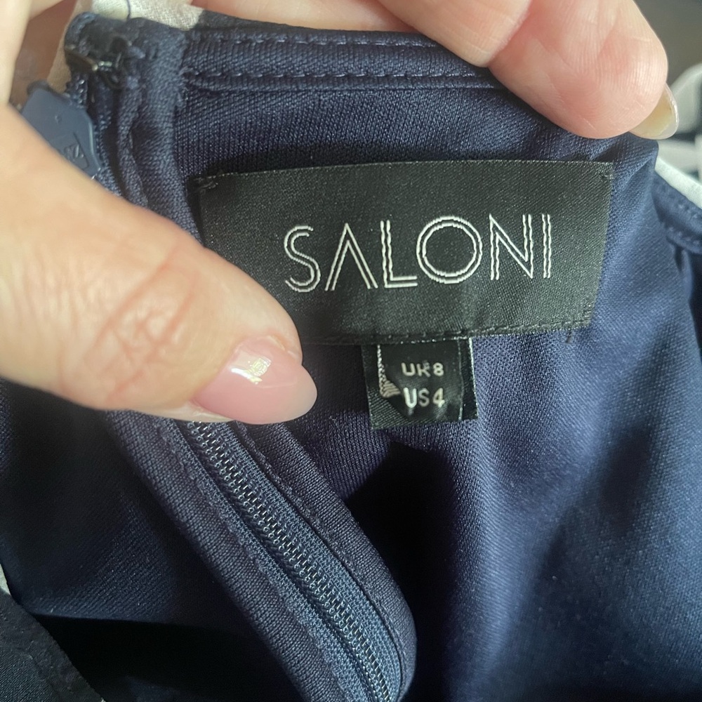 SALONI Flowy Sleeveless Navy Ruffle Wrap Dress with White Polkadots Sz 4 Summer - Picture 10 of 15